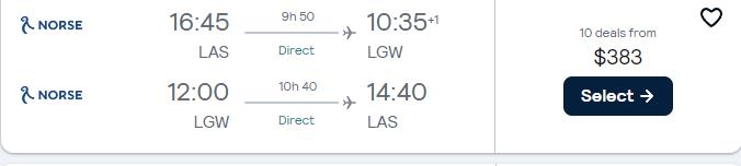 Non-stop flights from Las Vegas to London, UK for only $383 roundtrip. Flight deal ticket image.