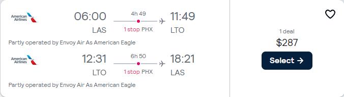 Click here to book this cheap flight deal. Cheap flights from Las Vegas to Loreto, Mexico for only $287 roundtrip with American Airlines. Flight deal ticket image.