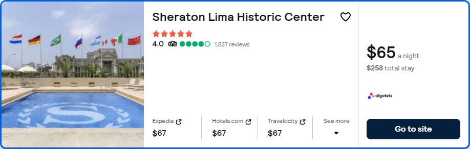 Stay at the 5* Sheraton Lima Historic Center in Lima, Peru for only $65 USD per night over Christmas and New Year. Flight deal ticket image.
