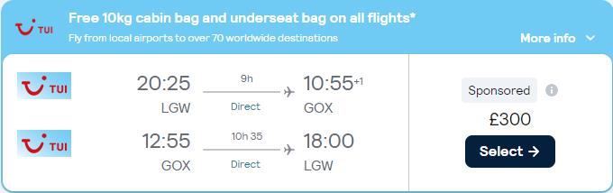 Non-stop flights from London or Manchester, UK to Goa, India from only £300 roundtrip. Flight deal ticket image.