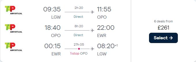 2 in 1 trip...Cheap flights from London, UK to Porto, Portugal and New York, USA for only £260 roundtrip with TAP Air Portugal. Flight deal ticket image.