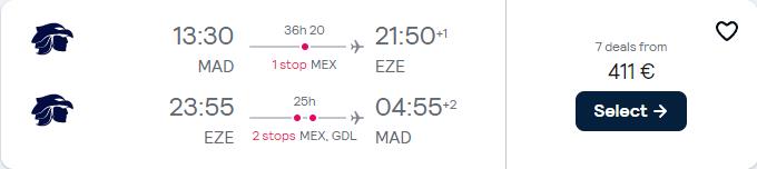 Cheap flights from Madrid, Spain to Buenos Aires, Argentina for only €411 roundtrip with Aeromexico. Flight deal ticket image.