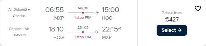 Cheap flights from Milan, Italy to Holguin, Cuba for only €427 roundtrip with Lufthansa. Flight deal ticket image.
