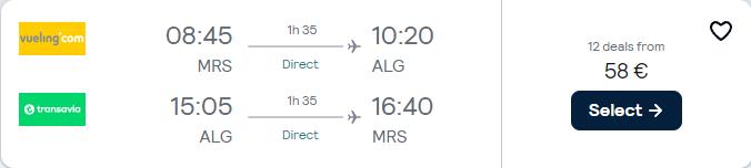 Non-stop flights from French cities to Algiers, Algeria from only €58 roundtrip. Flight deal ticket image.