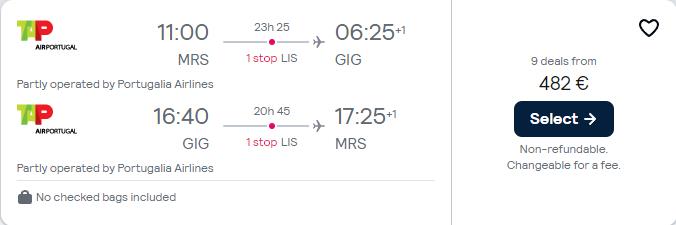 Cheap flights from ________ to Rio de Janeiro, Brazil from only €482 roundtrip with TAP Air Portugal. Flight deal ticket image.