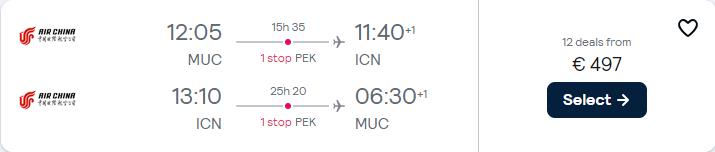 Cheap flights from Munich, Germany to Seoul, South Korea for only €497 roundtrip. Flight deal ticket image.