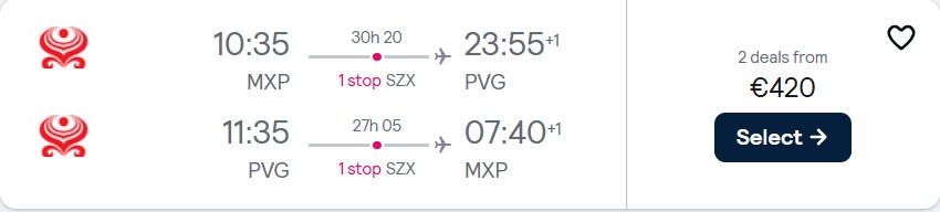 Click here to book this cheap flight deal. Christmas flights from Milan or Rome, Italy to Chinese cities from only €420 roundtrip with Hainan Airlines. Flight deal ticket image.