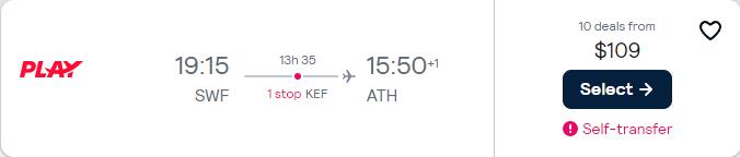 Cheap flights from New York to Athens, Greece for only $109 one-way. Flight deal ticket image.
