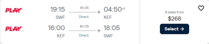 Non-stop flights from New York to Reykjavik, Iceland for only $268 roundtrip. Flight deal ticket image.