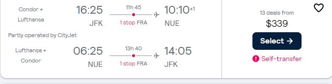 Cheap flights from New York to Nuremberg or Stuttgart, Germany from only $339 roundtrip with Lufthansa. Flight deal ticket image.