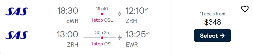Cheap flights from Eastern USA to Zurich, Switzerland from only $348 roundtrip with Scandinavian Airlines. Flight deal ticket image.