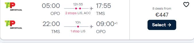 Cheap flights from Portuguese cities to Sao Tome and Principe from only €447 roundtrip with TAP Air Portugal. Flight deal ticket image.
