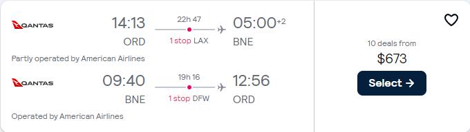 Click here to book this cheap flight deal. Cheap flights from Chicago to Brisbane, Australia for only $673 roundtrip with American Airlines and Qantas. Flight deal ticket image.