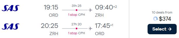 Cheap flights from Chicago to Zurich, Switzerland for only $374 roundtrip with Scandinavian Airlines. Flight deal ticket image.