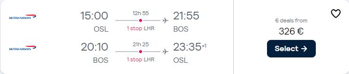 Cheap flights from Oslo, Norway to Boston, USA for only €326 roundtrip with British Airways and American Airlines. Flight deal ticket image.