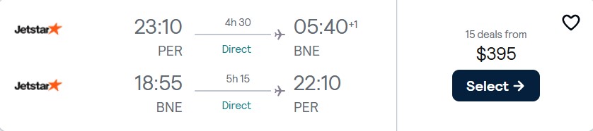 Non-stop flights from Perth, Australia to Brisbane, Australia for only $395 AUD roundtrip with Jetstar. Flight deal ticket image.