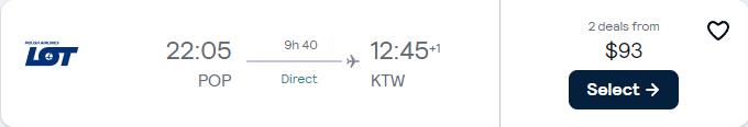 Non-stop, last second flights from the Dominican Republic to Katowice, Poland for only $93 USD one-way with LOT Polish Airlines. **Flight departs tomorrow – 29th November 2024** Flight deal ticket image.