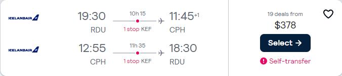 Cheap flights from Raleigh, North Carolina to Copenhagen, Denmark for only $378 roundtrip. Flight deal ticket image.