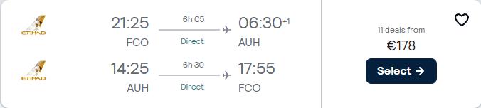 Click here to book this cheap flight deal. Non-stop flights from Rome, Italy to Abu Dhabi, UAE for only €178 roundtrip with Etihad Airways. Flight deal ticket image.
