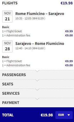 Click here to book this cheap flight deal. Non-stop flights from Rome, Italy to Sarajevo, Bosnia and Herzegovina for only €19 roundtrip. Flight deal ticket image.
