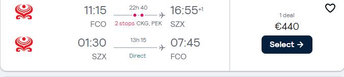 Click here to book this cheap flight deal. Cheap flights from Rome, Italy to Shenzhen or Chongqing, China from only €440 roundtrip with Hainan Airlines. Flight deal ticket image.