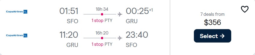Cheap flights from San Francisco to Sao Paulo, Brazil for only $356 roundtrip with Copa Airlines. Flight deal ticket image.