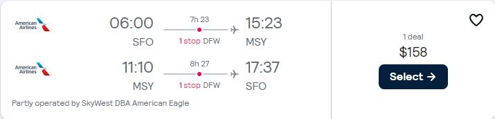 Cheap flights from San Francisco to New Orleans for only $158 roundtrip with American Airlines. Also works in reverse. Flight deal ticket image.