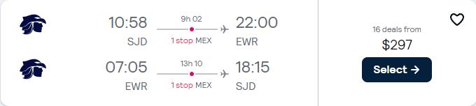 Cheap flights from San Jose del Cabo, Mexico to New York, USA for only $297 USD roundtrip with Aeromexico. Flight deal ticket image.