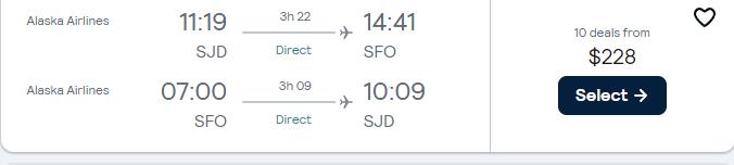 Non-stop flights from San Jose del Cabo, Mexico to San Francisco, USA for only $228 USD roundtrip with Alaska Airlines. Flight deal ticket image.