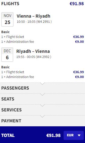 Non-stop flights from Vienna, Austria to Riyadh, Saudi Arabia for only €91 roundtrip. Flight deal ticket image.