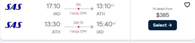 Click here to book this cheap flight deal. Cheap flights from Washington DC to Athens, Greece for only $385 roundtrip with Scandinavian Airlines. Flight deal ticket image.