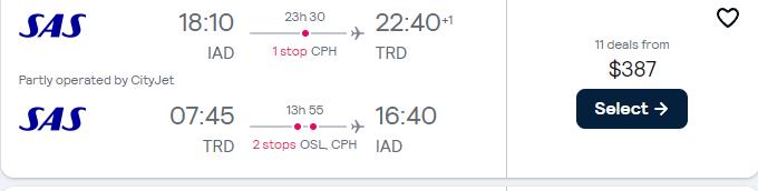 Cheap flights from Washington DC to Trondheim, Norway for only $387 roundtrip with Scandinavian Airlines. Flight deal ticket image.
