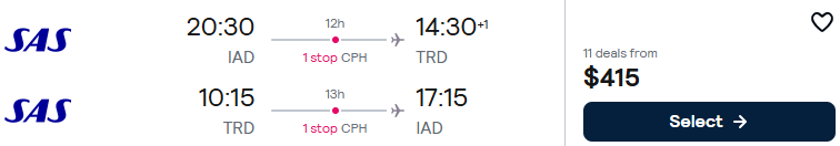Click here to book this cheap flight deal. Cheap flights from Washington DC to Trondheim, Norway for only $415 roundtrip with Scandinavian Airlines. Flight deal ticket image.