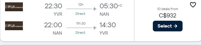 Non-stop flights from Vancouver, Canada to Fiji for only $932 CAD roundtrip with Fiji Airways. Flight deal ticket image.