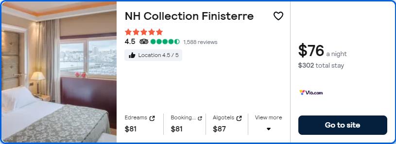 Click here to book this cheap flight deal. Stay at the 5* NH Collection Finisterre in A Coruna, Spain for only $76 USD per night. Flight deal ticket image.