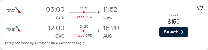Click here to book this cheap flight deal. Cheap flights from Austin, Texas to Cincinnati, Ohio for only $150 roundtrip with American Airlines. Also works in reverse. Flight deal ticket image.