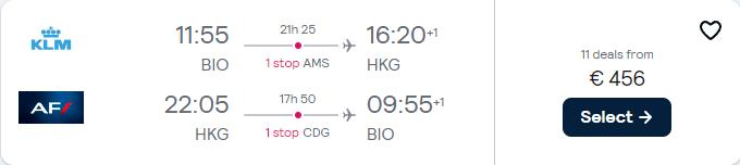 Cheap flights from Spanish cities to Hong Kong from only €456 roundtrip with KLM and Air France. Flight deal ticket image.