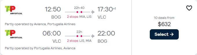 Cheap flights from Bogota, Colombia to Valencia, Spain for only $632 USD roundtrip with Avianca and TAP Air Portugal. Flight deal ticket image.
