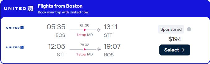 Click here to book this cheap flight deal. Cheap flights from Boston to the US Virgin Islands for only $194 roundtrip with United Airlines. Flight deal ticket image.