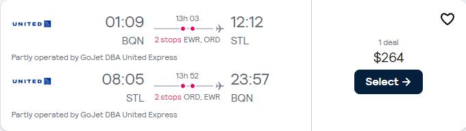 Cheap flights from Aguadilla, Puerto Rico to St. Louis, USA for only $264 USD roundtrip with United Airlines. Flight deal ticket image.