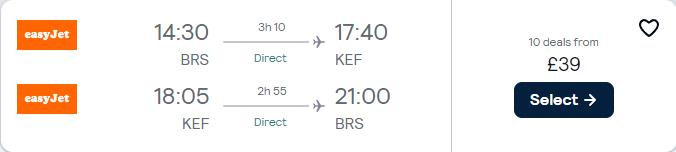 Non-stop flights from Bristol, UK to Reykjavik, Iceland for only £39 roundtrip. Flight deal ticket image.