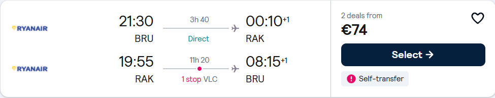 Click here to book this cheap flight deal. Cheap flights from Brussels, Belgium to Marrakesh, Morocco for only €74 roundtrip. Flight deal ticket image.