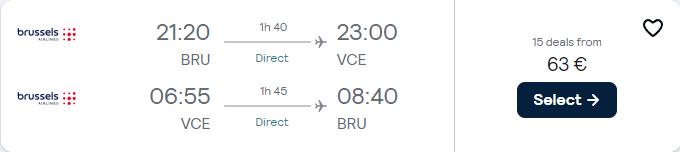 Click here to book this cheap flight deal. Non-stop flights from Brussels, Belgium to Venice, Italy for only €63 roundtrip with Brussels Airlines. Flight deal ticket image.