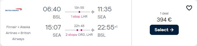 Cheap flights from Basel, Switzerland to Seattle, USA for only €394 roundtrip with British Airways and American Airlines. Flight deal ticket image.