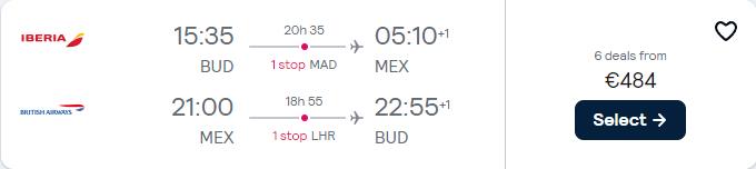Cheap flights from Budapest, Hungary to Mexico City, Mexico for only €484 roundtrip with Iberia and British Airways. Flight deal ticket image.