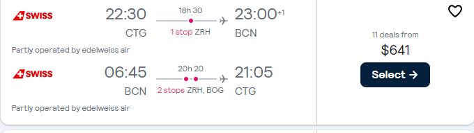 Cheap flights from Cartagena, Colombia to Barcelona, Spain for only $641 USD roundtrip with Swiss International Air Lines. Flight deal ticket image.