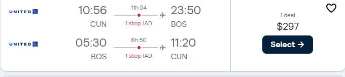 Cheap flights from Cancun, Mexico to Boston, USA for only $297 USD roundtrip with United Airlines. Flight deal ticket image.