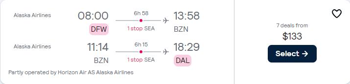 Cheap flights from Dallas, Texas to Bozeman for only $133 roundtrip with Alaska Airlines. Also works in reverse. Flight deal ticket image.