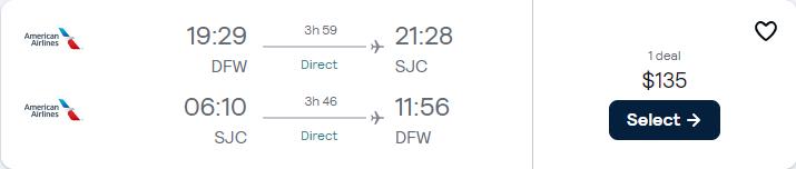 Non-stop flights from Dallas, Texas to San Jose, California for only $135 roundtrip with American Airlines. Also works in reverse. Flight deal ticket image.