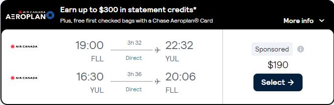 Non-stop flights from Fort Lauderdale to Montreal, Canada for only $190 roundtrip with Air Canada. Flight deal ticket image.